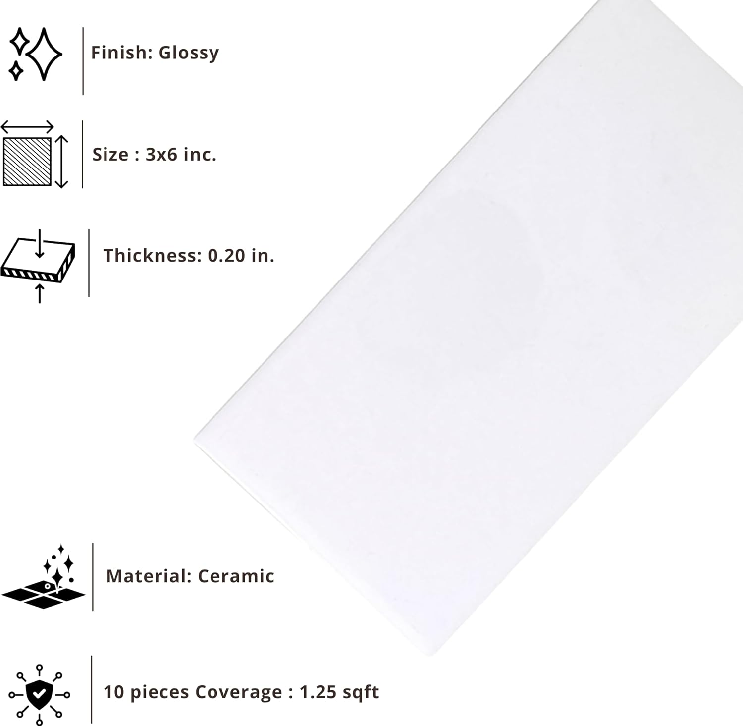 Tenedos USCT 3x6 Glossy White Ceramic Subway Tile – Box of 10 Shiny Wall Tiles for Kitchen Backsplash, Bathroom, Shower, Accent Walls – Easy to Clean & Classic