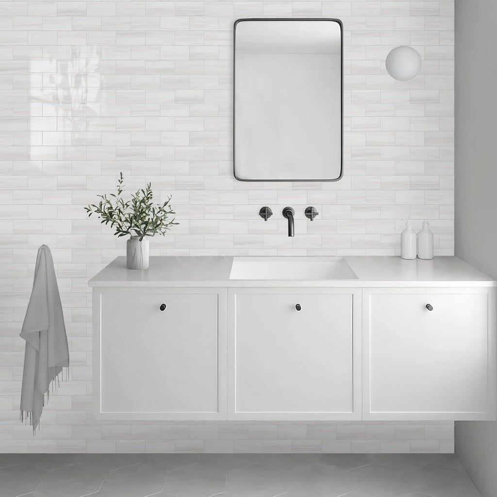 Vamos Tile 100-Piece Glossy Dolomite White Peel and Stick Backsplash Tile,3''x6'' PVC Subway Tile with White Grout, Stick on Backsplash for Kitchen/Bathroom/Fireplace