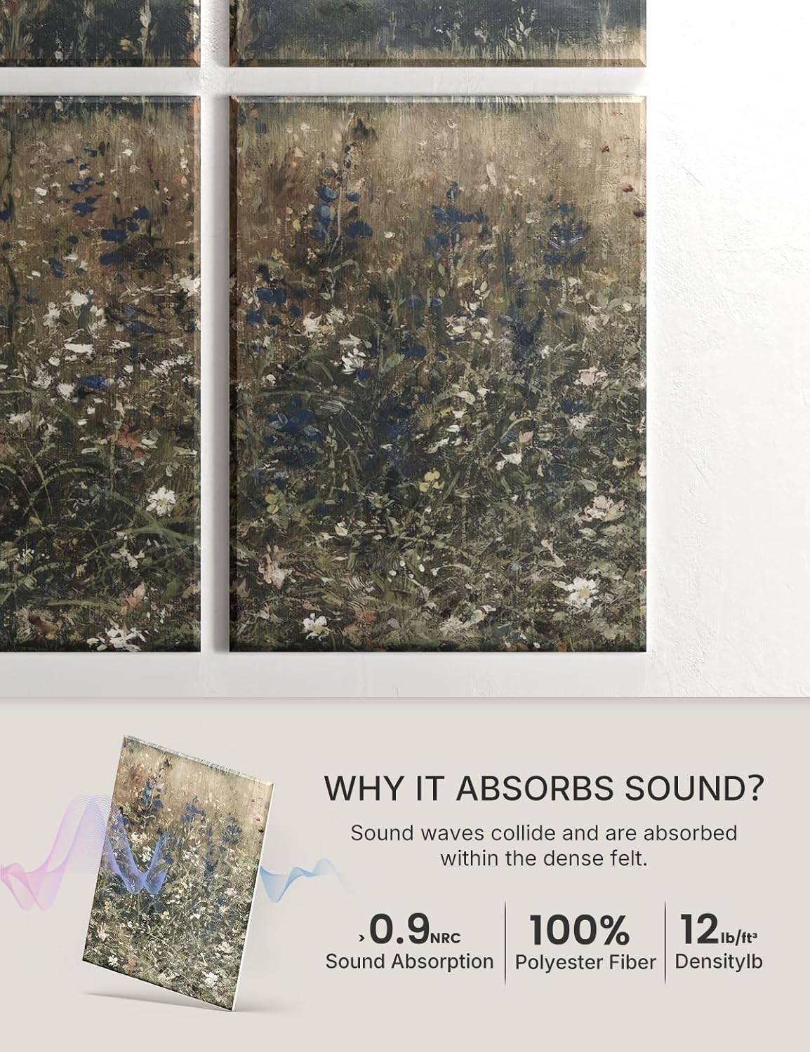 Wall Art Acoustic Panels,47''X31''Sound Absorbing Panels-8-Pack with 50 Adhesive Tabs, Decorative Sound Absorbing Panels for Living Room and Recording Studio, Offices-Champ Fleuri