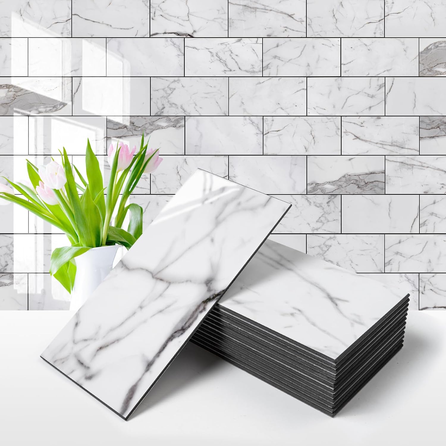 Vamos Tile 100-Piece Glossy Dolomite White Peel and Stick Backsplash Tile,3''x6'' PVC Subway Tile with White Grout, Stick on Backsplash for Kitchen/Bathroom/Fireplace