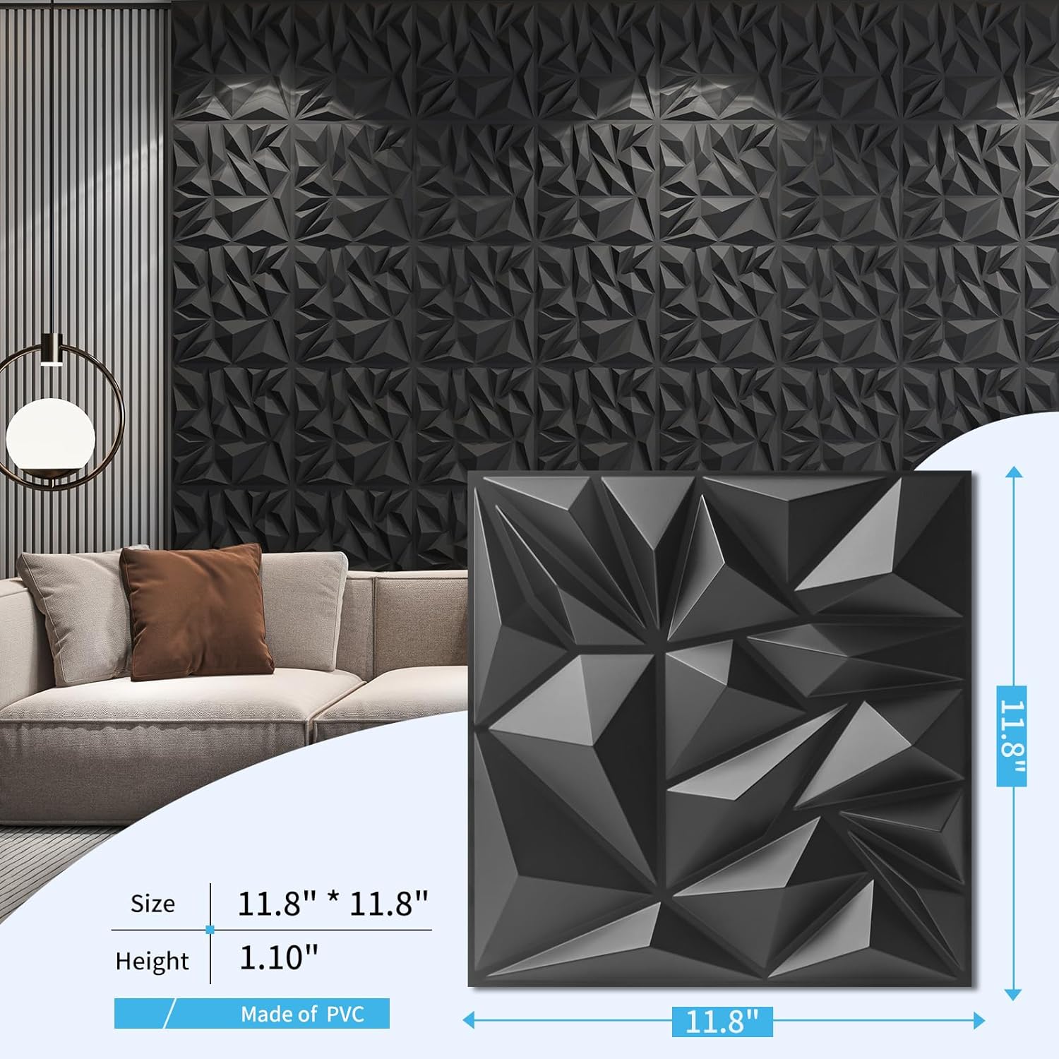 Art3d 33-Pack 3D Wall Panels for Interior Wall Decor, Modern Diamond Textured Accent Wall Paneling for Gaming Living Room TV Wall Background, 12 x 12 inch Black