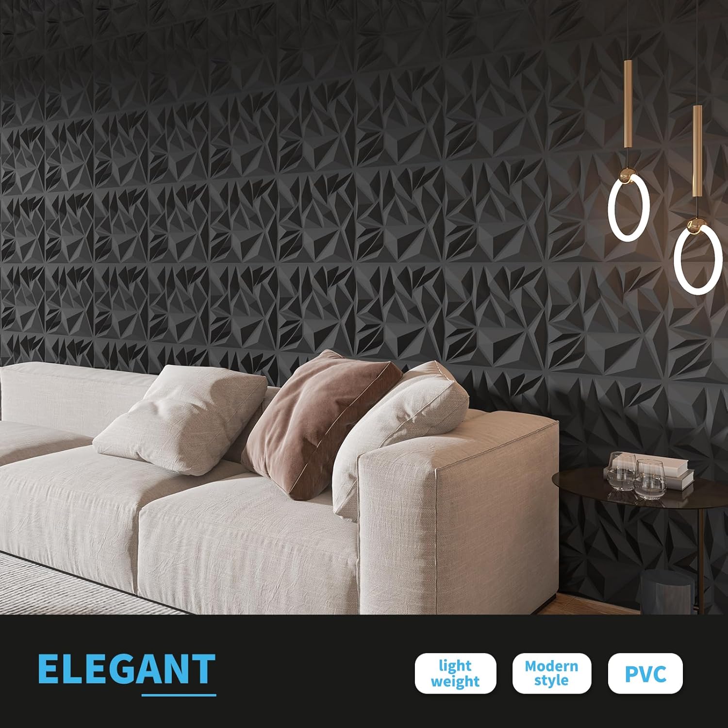 Art3d 33-Pack 3D Wall Panels for Interior Wall Decor, Modern Diamond Textured Accent Wall Paneling for Gaming Living Room TV Wall Background, 12 x 12 inch Black