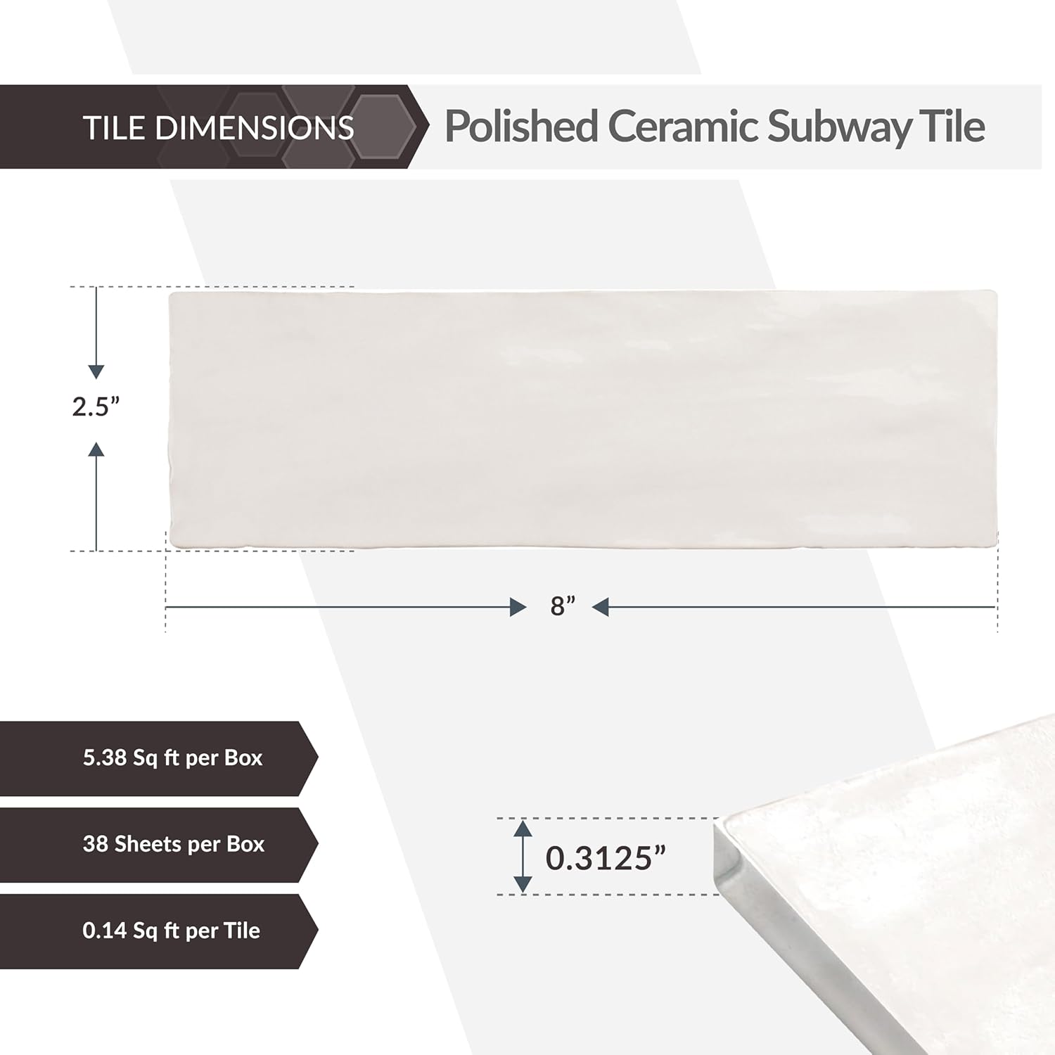 38-Pack 2.5 x 8-in. White Polished Ceramic Subway Wall Tile at 5.38 sq. ft. Per Case APLEC60, Ideal Home Improvement Ceramic for Kitchen, Bathroom, and Backsplash