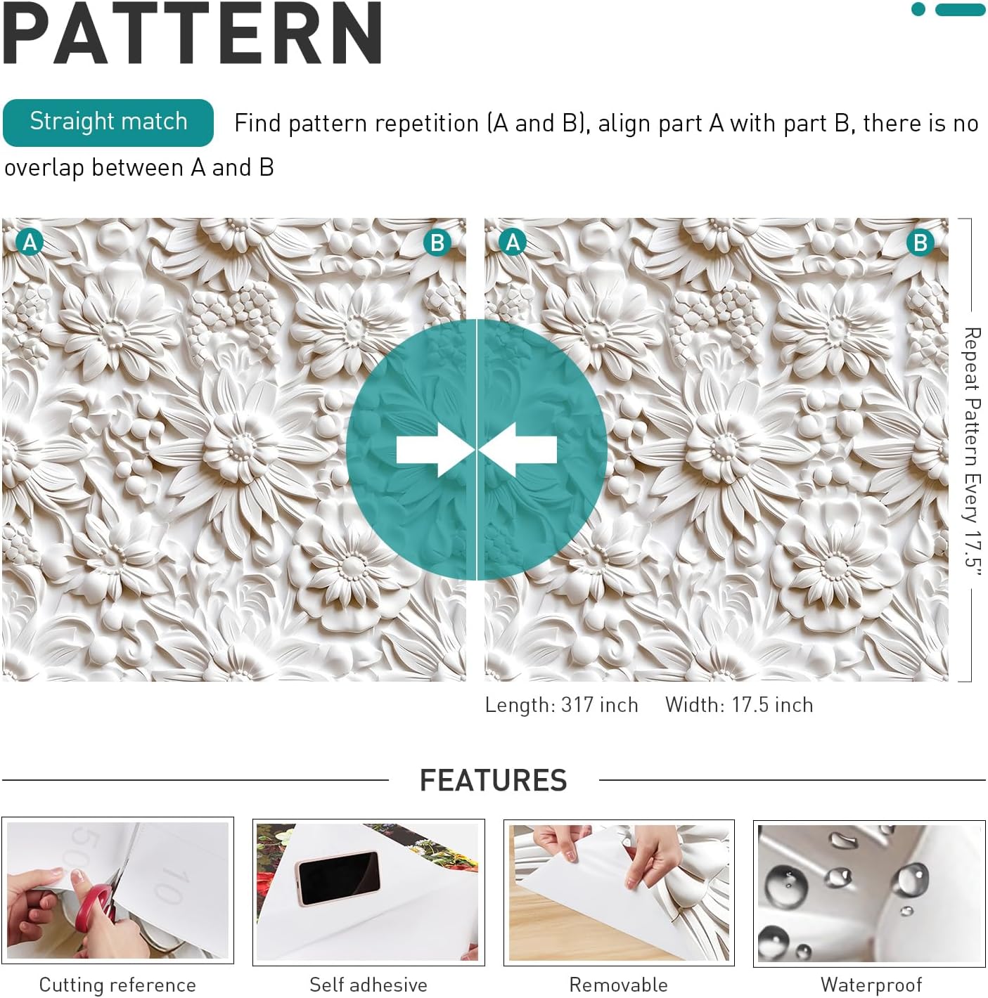 17.5"×317" Peel and Stick Wallpaper Floral Embossed Wallpaper for Bedroom Faux 3D Embossed Floral Wall Paper Mural Removable Self Adhesive Contact Paper for Countertops Living Room Bathroom