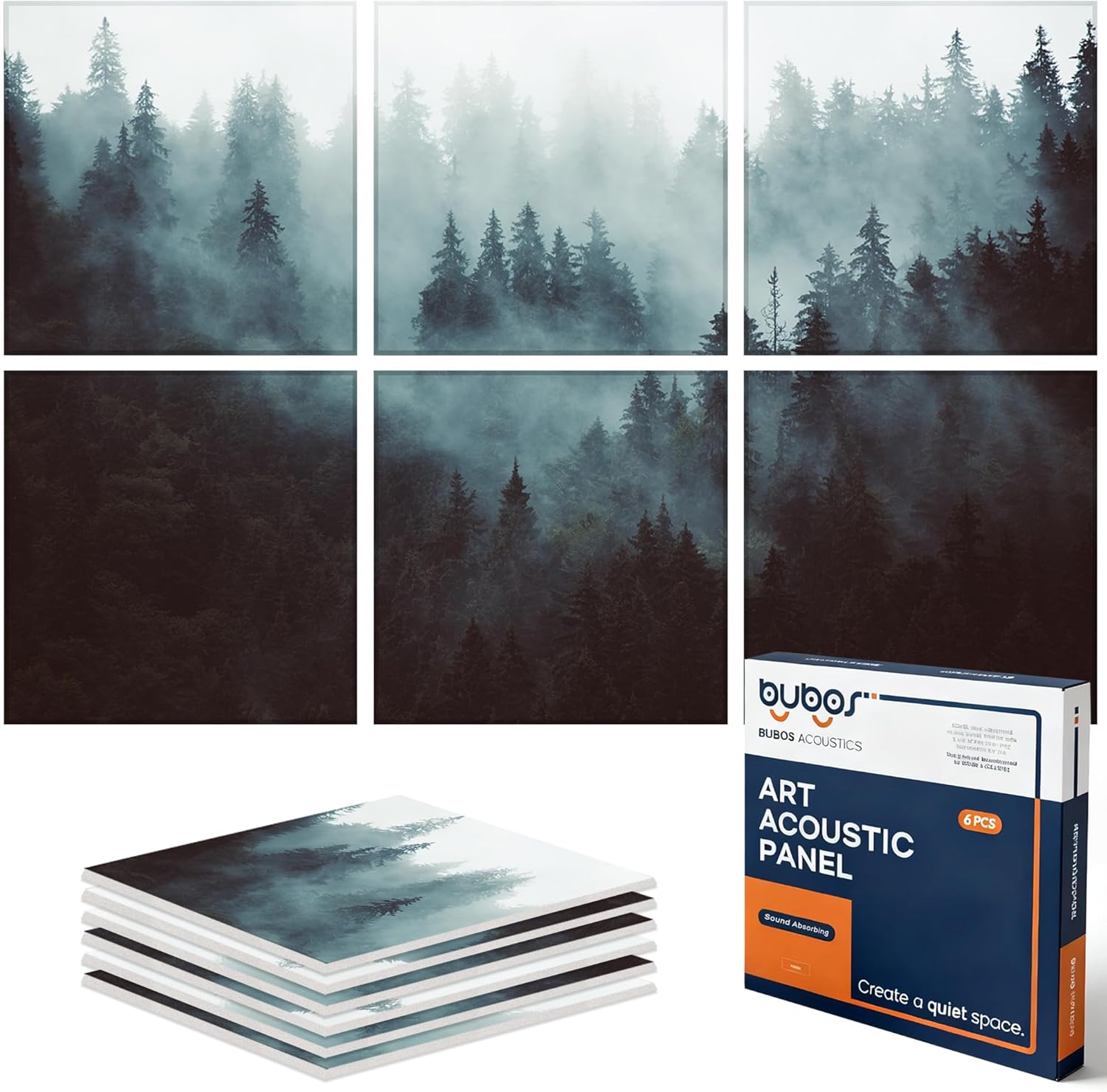 BUBOS 6 Pack Self-Adhesive Acoustic Wall Panels,70.8" x 47.2" Sound Panels Noise Reducing for Wall,Decorative Acoustic Panel Sound Absorbing,Sound Proofing Panel for Studio, Home,Office(Foggy Forest)