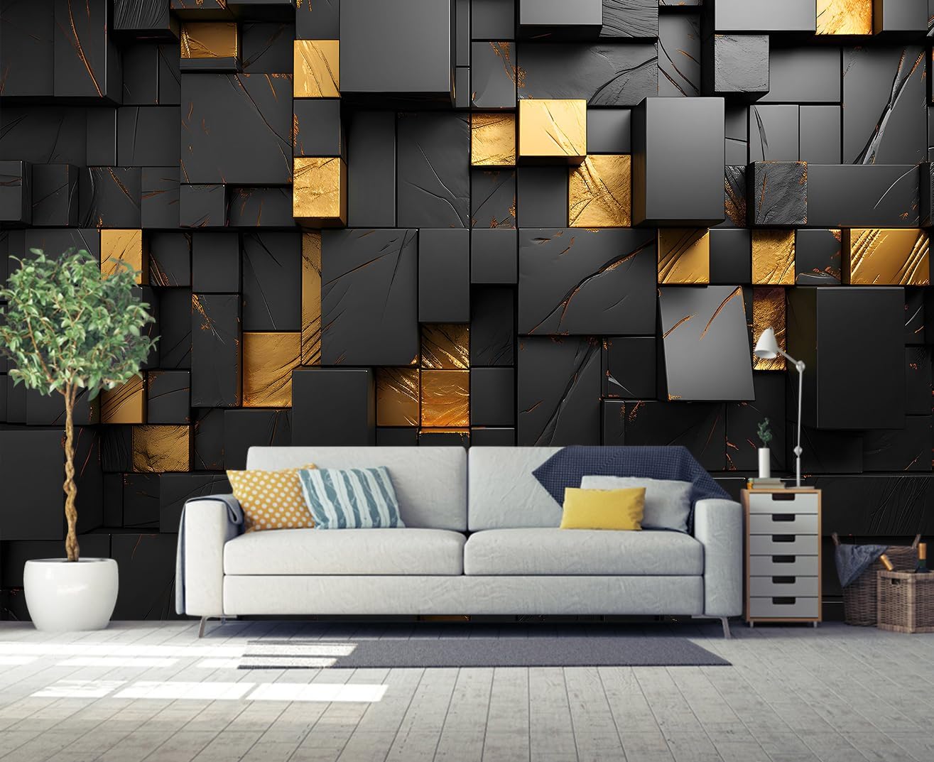 Black and Gold 3D Wallpaper Bedroom Abstract Geometric Squares Background Wall Mural for Living Room Office（Not Peel and Stick）