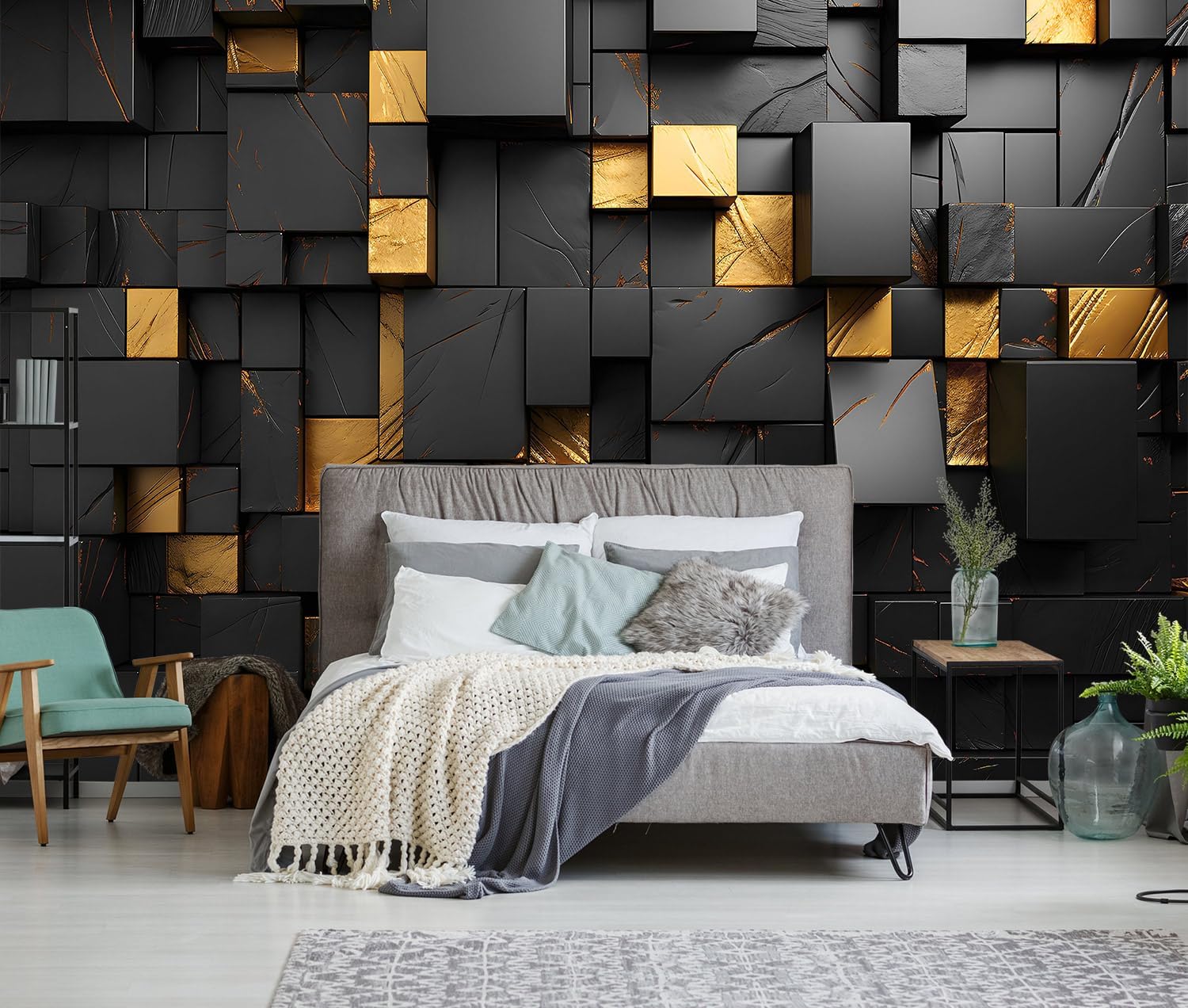 Black and Gold 3D Wallpaper Bedroom Abstract Geometric Squares Background Wall Mural for Living Room Office（Not Peel and Stick）