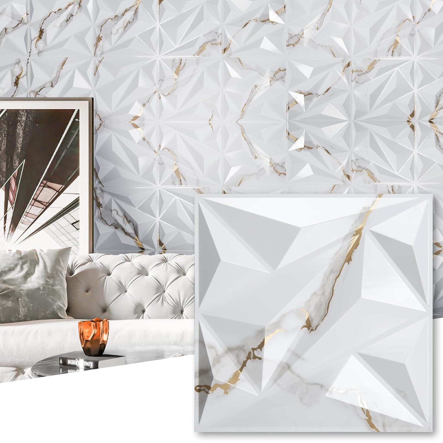 Art3dwallpanels 33 Pack 3D Wall Panel Diamond for Interior Wall Décor, PVC Flower Textured Wall Panels for Living Room Lobby Bedroom Hotel Office, Black, 12''x12'' Cover 32.Sq.Ft.