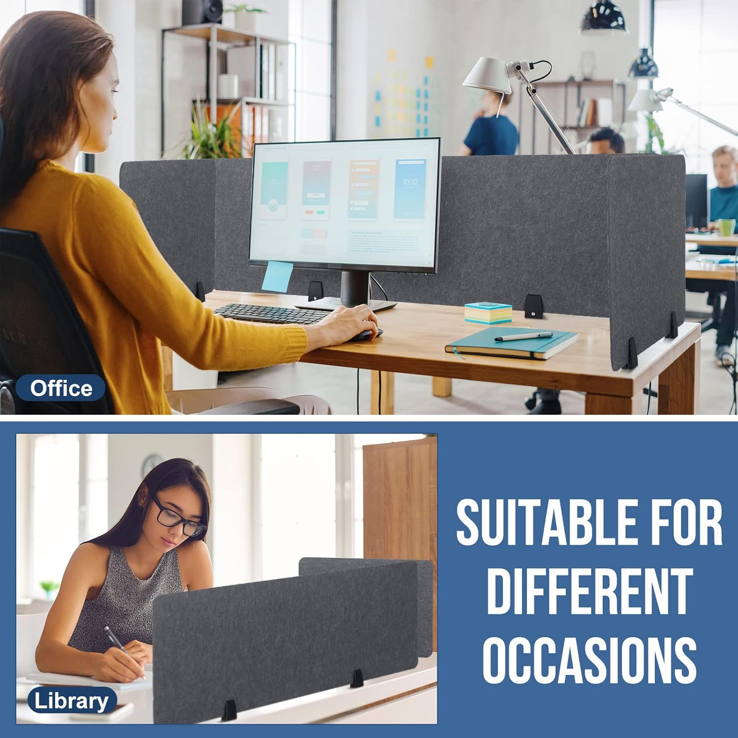 Yaomiao 3 Pcs Acoustic Desk Divider Soundproof Desk Privacy Panel Freestanding Desk Partitions Sound Absorbing for Students Office Reduce Noise Visual Distractions (Dark Gray,60 x 16", 24 x 16")