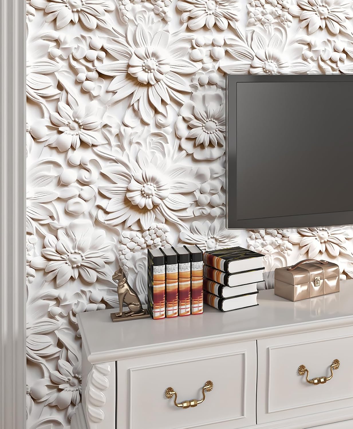 FunStick 17.5"x354" Cream White Peel and Stick Wallpaper Faux 3D Embossed Floral Wallpaper Self Adhesive Wallpapers for Bedroom Living Room Wall Panels White Floral Contact Paper for Walls Cabinets
