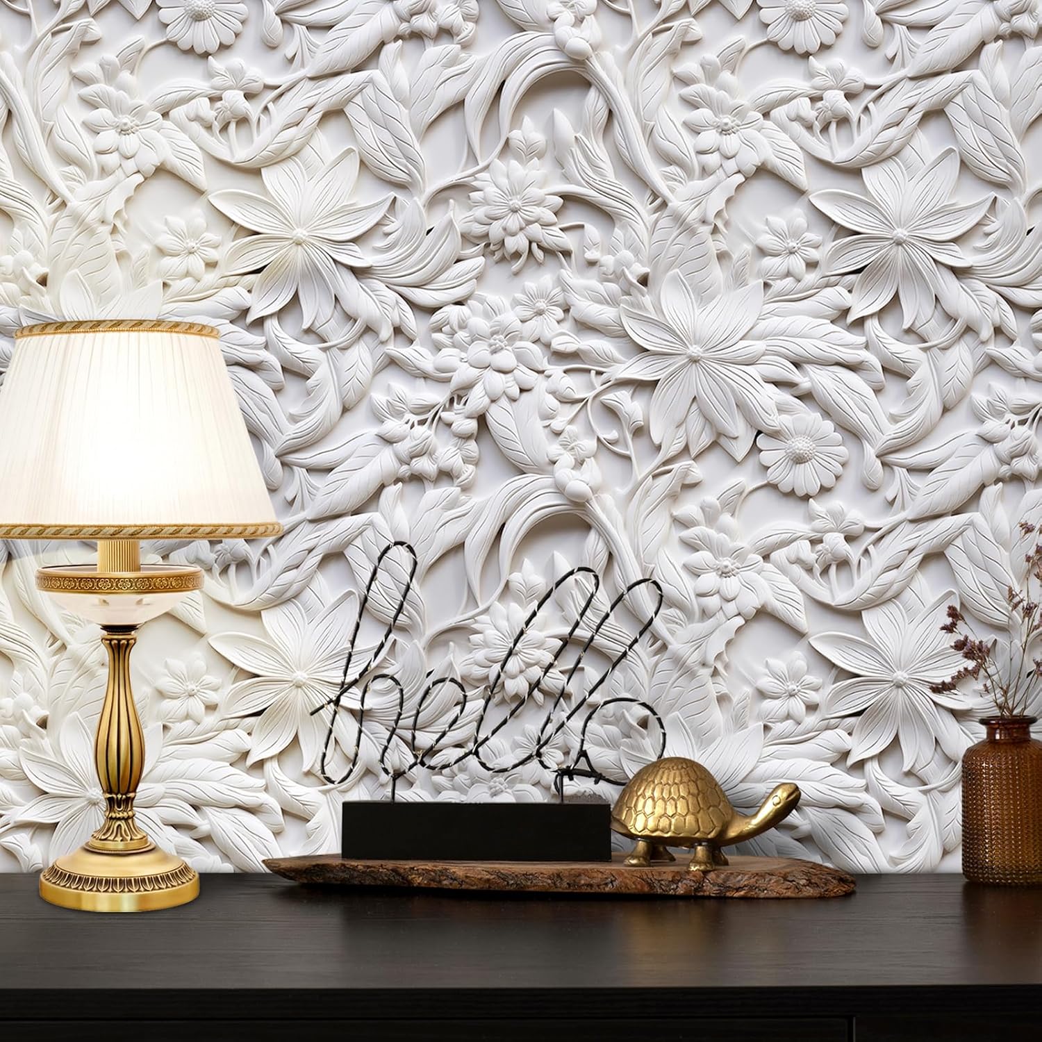 FunStick 17.5"x354" Grey White Wallpaper Peel and Stick Vintage Faux 3D Embossed Leaf Floral Peel and Stick Wallpaper White Contact Paper Removable Wall Paper for Bedroom Living Room Wall Panels Doors