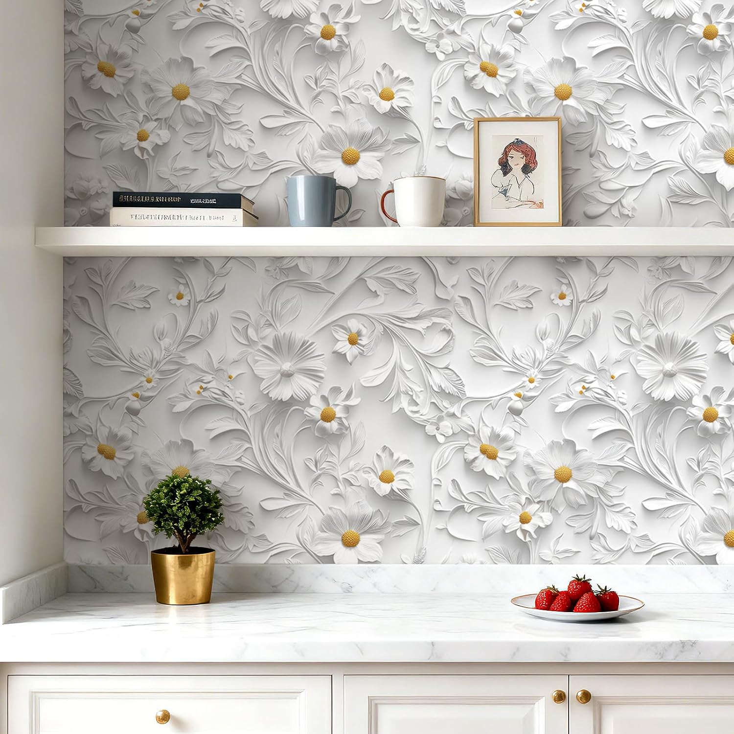 FunStick 17.5x354 White Faux 3D Floral Peel and Stick Wallpaper White Embossed Floral Contact Paper Peel and Stick Flower Wall Paper for Bedroom Living Room Walls Waterproof Renter Friendly Wallpaper