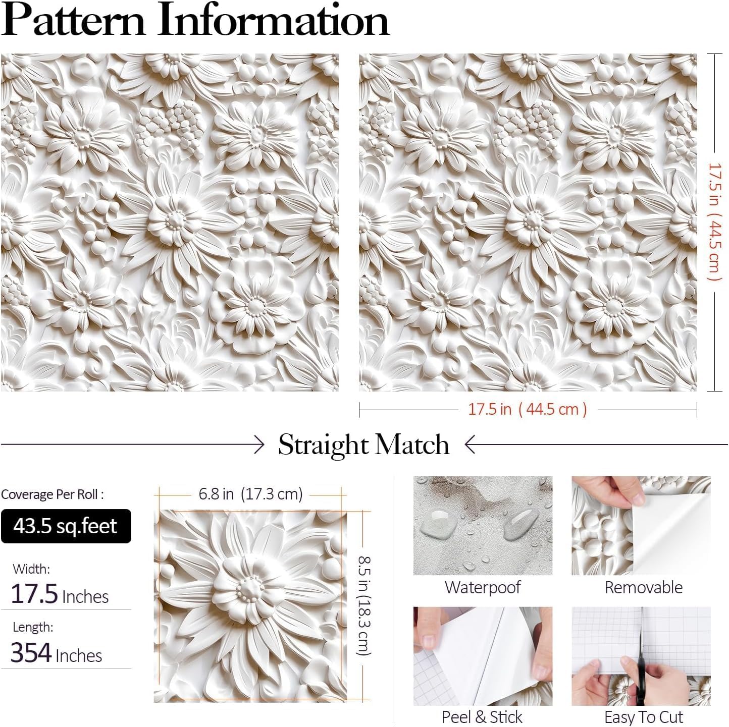 FunStick 17.5"x354" Cream White Peel and Stick Wallpaper Faux 3D Embossed Floral Wallpaper Self Adhesive Wallpapers for Bedroom Living Room Wall Panels White Floral Contact Paper for Walls Cabinets