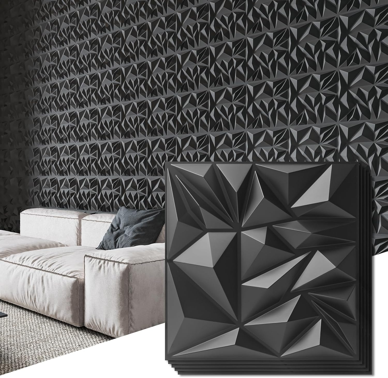 Art3d 33-Pack 3D Wall Panels for Interior Wall Decor, Modern Diamond Textured Accent Wall Paneling for Gaming Living Room TV Wall Background, 12 x 12 inch Black
