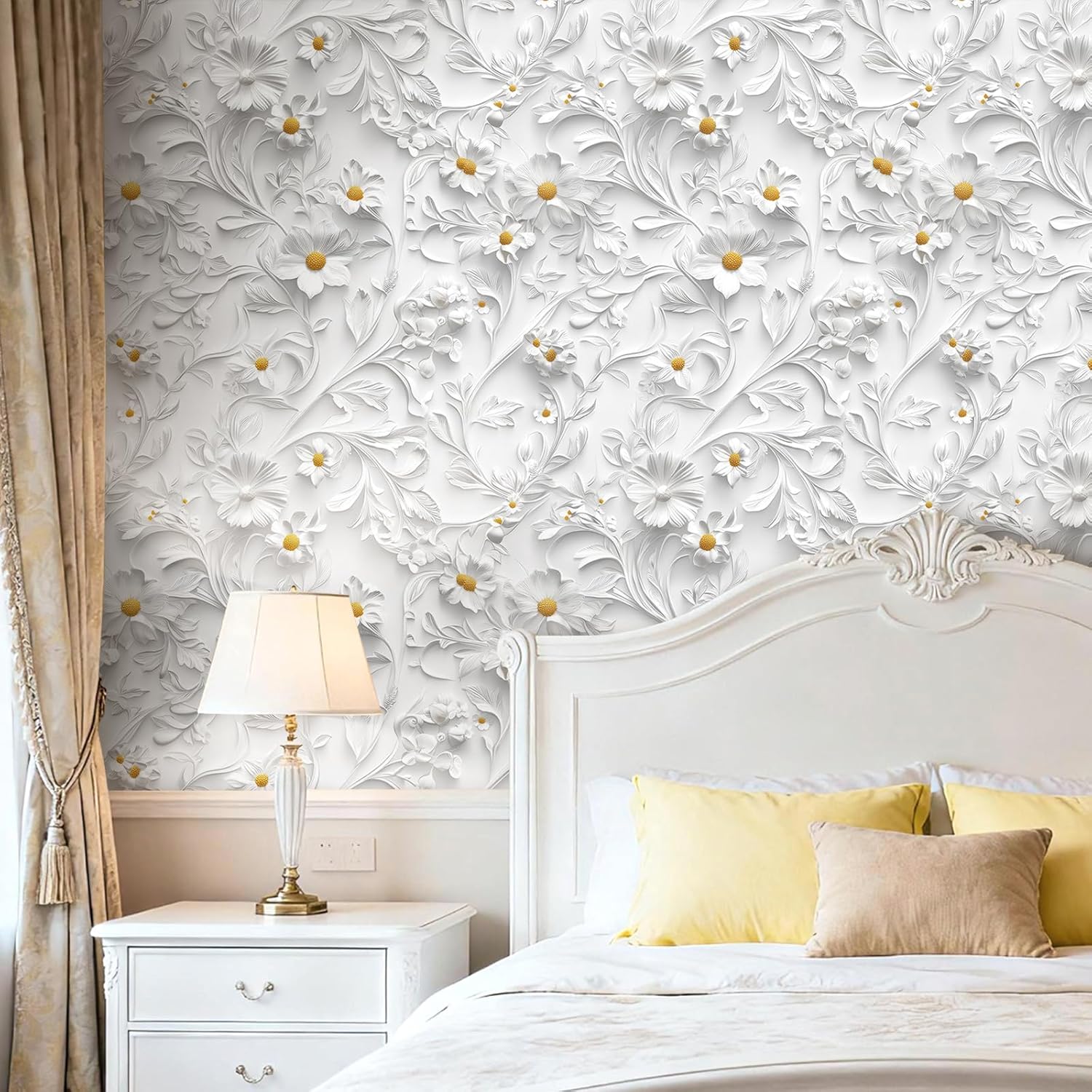 FunStick 17.5x354 White Faux 3D Floral Peel and Stick Wallpaper White Embossed Floral Contact Paper Peel and Stick Flower Wall Paper for Bedroom Living Room Walls Waterproof Renter Friendly Wallpaper