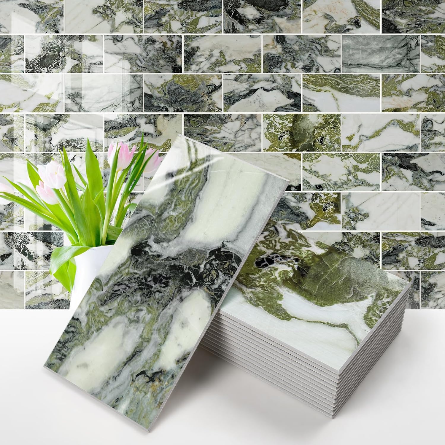 Vamos Tile 100-Piece Glossy Dolomite White Peel and Stick Backsplash Tile,3''x6'' PVC Subway Tile with White Grout, Stick on Backsplash for Kitchen/Bathroom/Fireplace