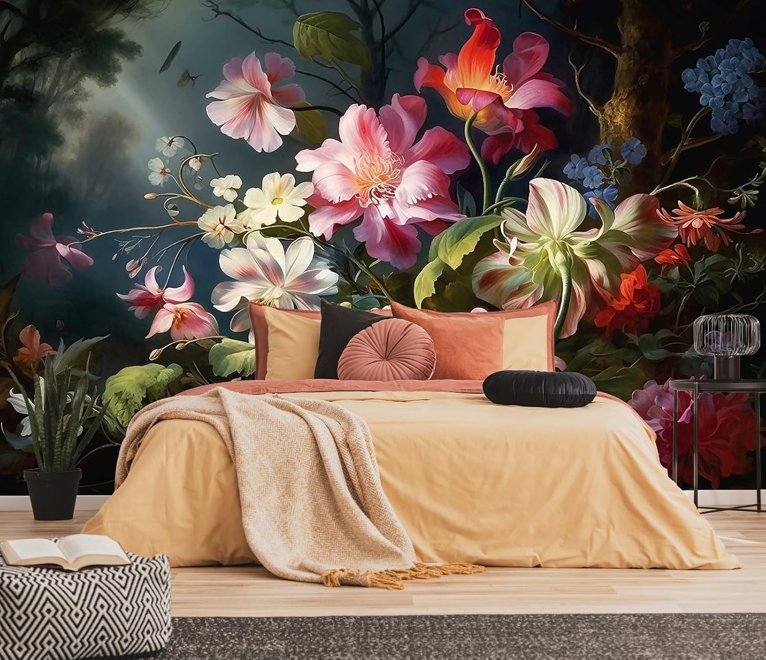 3D Wallpaper Illustration Beige Background Large White Abstract Gold Leaf Flower for Living Room Bedroom Backdrop Decoration（Non-self-Adhesive）