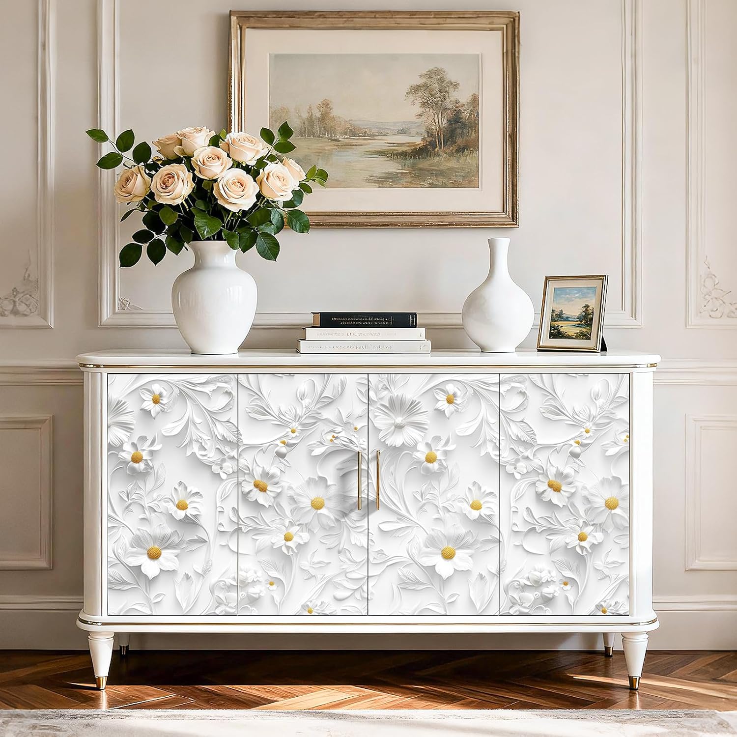 FunStick 17.5x354 White Faux 3D Floral Peel and Stick Wallpaper White Embossed Floral Contact Paper Peel and Stick Flower Wall Paper for Bedroom Living Room Walls Waterproof Renter Friendly Wallpaper