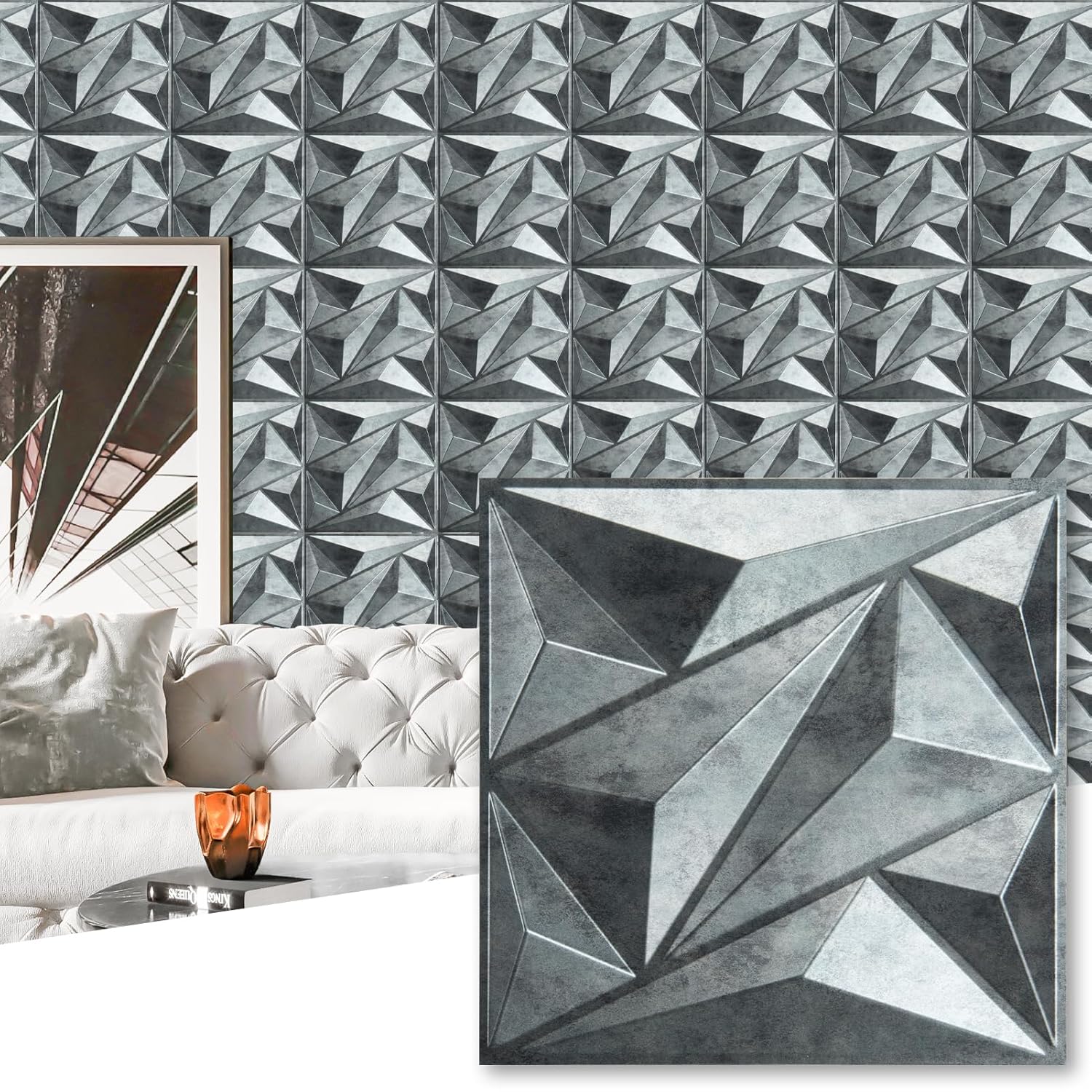 Art3dwallpanels 33 Pack 3D Wall Panel Diamond for Interior Wall Décor, PVC Flower Textured Wall Panels for Living Room Lobby Bedroom Hotel Office, Black, 12''x12'' Cover 32.Sq.Ft.