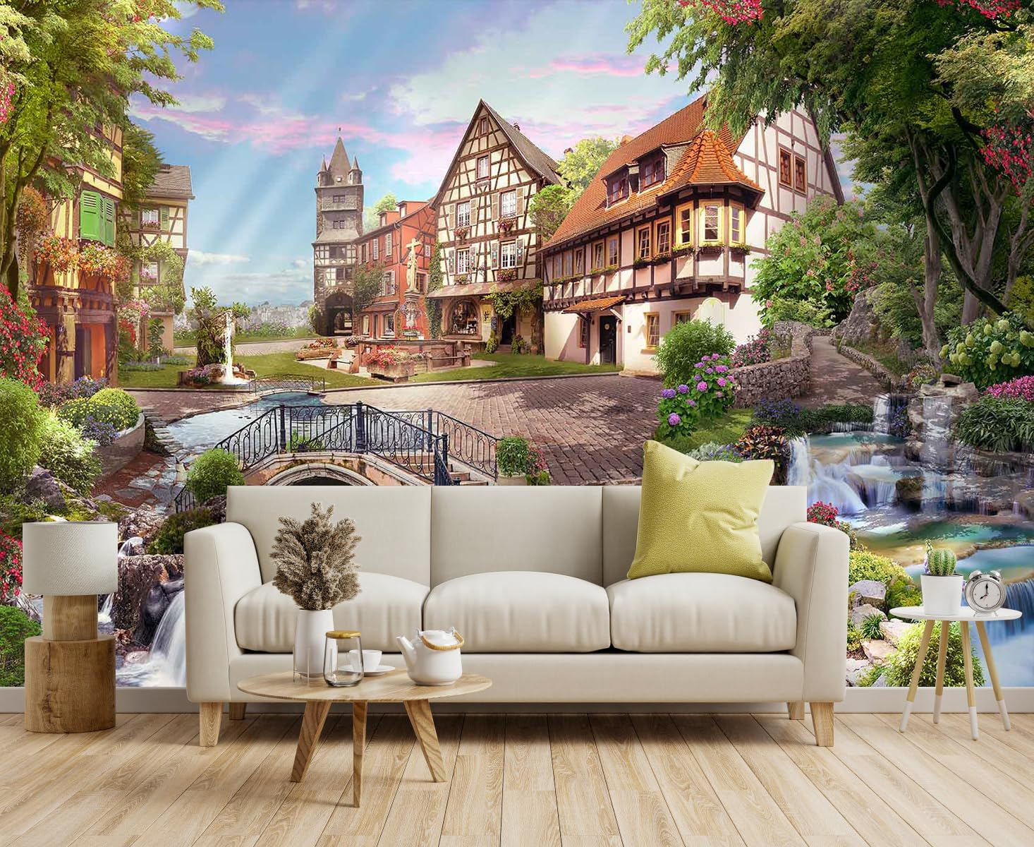 3D Wallpaper Illustration Beige Background Large White Abstract Gold Leaf Flower for Living Room Bedroom Backdrop Decoration（Non-self-Adhesive）