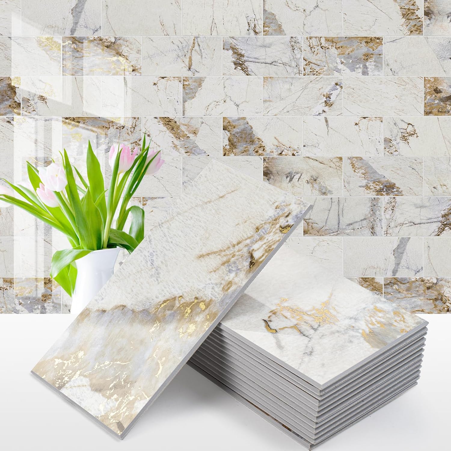 Vamos Tile 100-Piece Glossy Dolomite White Peel and Stick Backsplash Tile,3''x6'' PVC Subway Tile with White Grout, Stick on Backsplash for Kitchen/Bathroom/Fireplace