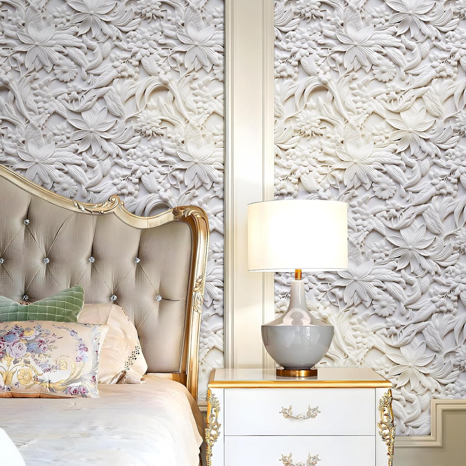 FunStick 17.5"x354" Grey White Wallpaper Peel and Stick Vintage Faux 3D Embossed Leaf Floral Peel and Stick Wallpaper White Contact Paper Removable Wall Paper for Bedroom Living Room Wall Panels Doors