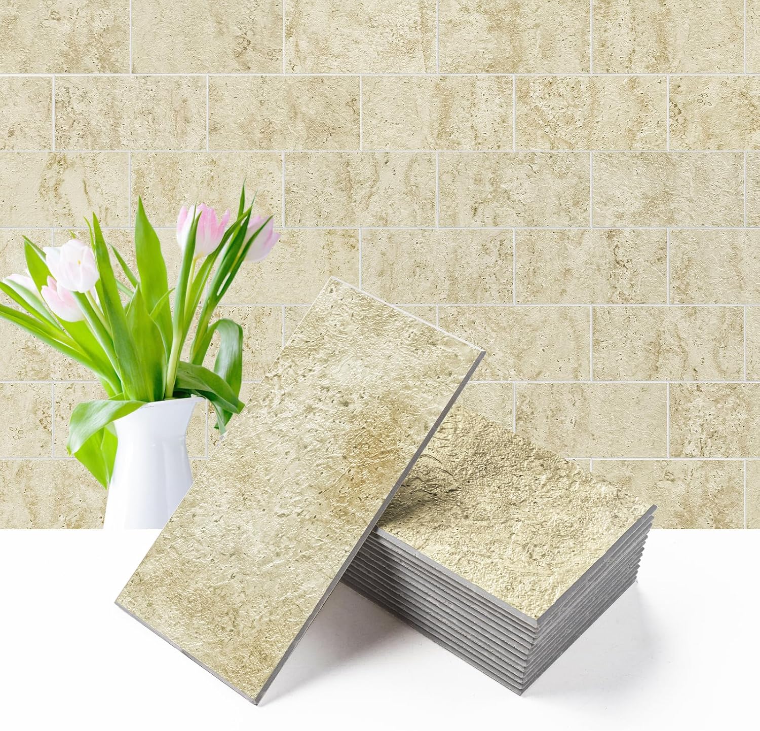 Vamos Tile 100-Piece Glossy Dolomite White Peel and Stick Backsplash Tile,3''x6'' PVC Subway Tile with White Grout, Stick on Backsplash for Kitchen/Bathroom/Fireplace