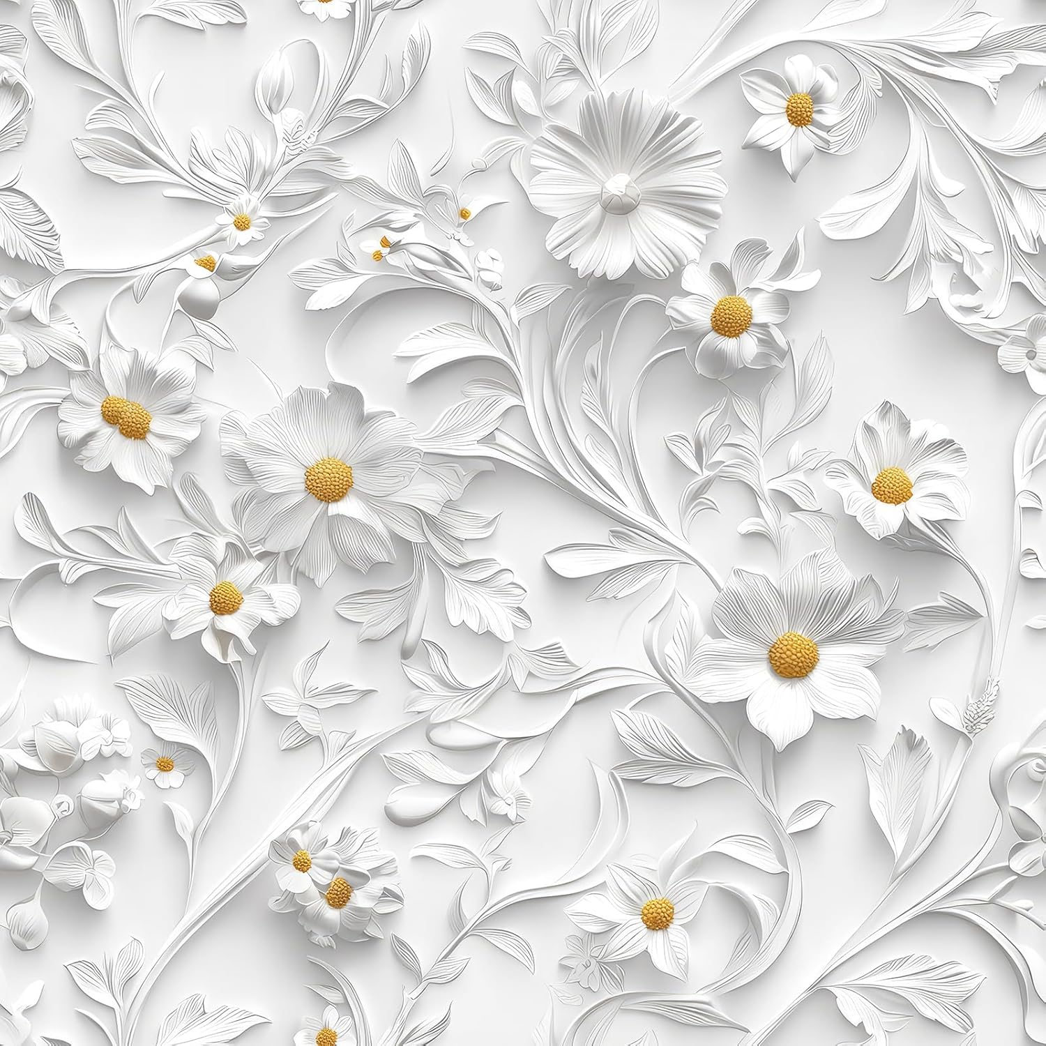 FunStick 17.5x354 White Faux 3D Floral Peel and Stick Wallpaper White Embossed Floral Contact Paper Peel and Stick Flower Wall Paper for Bedroom Living Room Walls Waterproof Renter Friendly Wallpaper