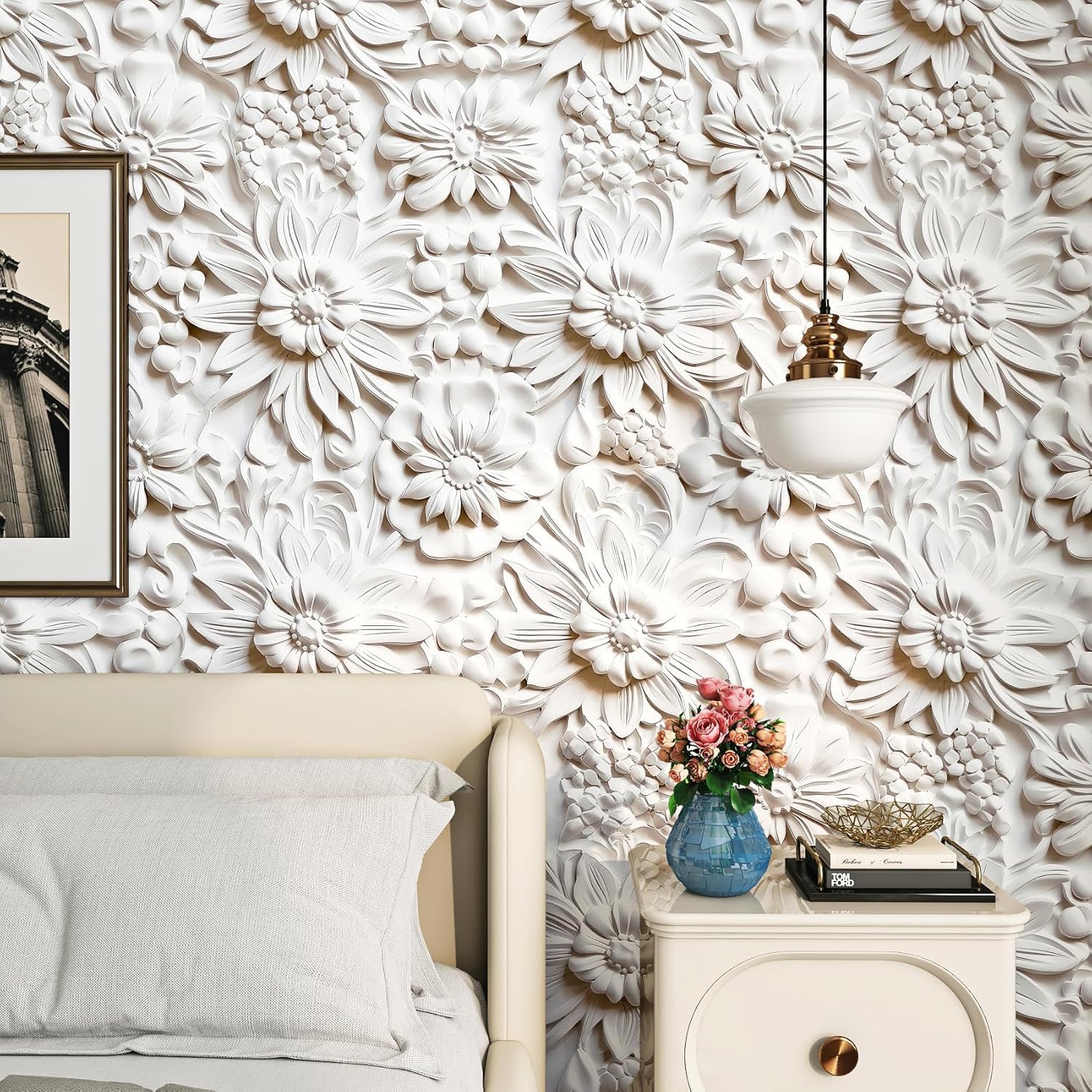 FunStick 17.5"x354" Cream White Peel and Stick Wallpaper Faux 3D Embossed Floral Wallpaper Self Adhesive Wallpapers for Bedroom Living Room Wall Panels White Floral Contact Paper for Walls Cabinets