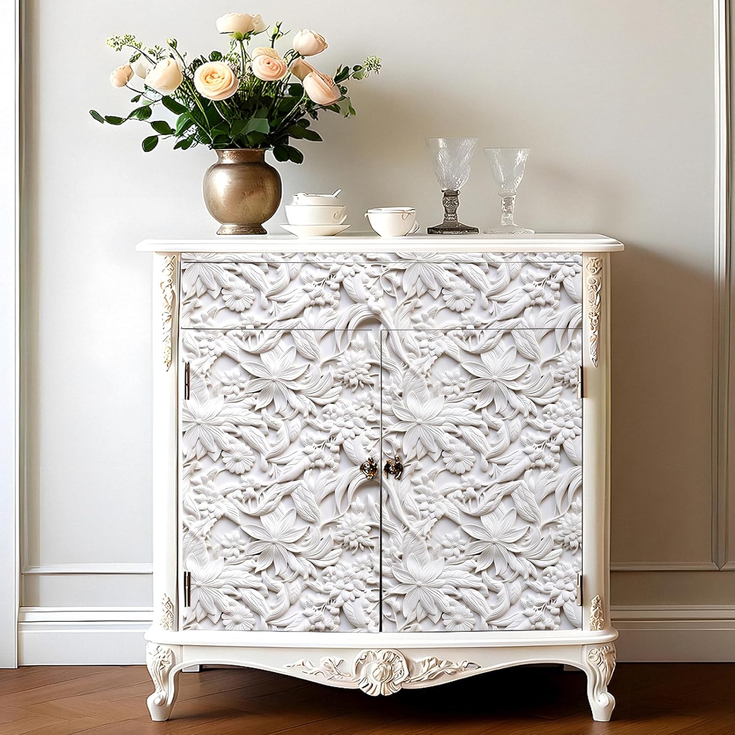 FunStick 17.5"x354" Grey White Wallpaper Peel and Stick Vintage Faux 3D Embossed Leaf Floral Peel and Stick Wallpaper White Contact Paper Removable Wall Paper for Bedroom Living Room Wall Panels Doors