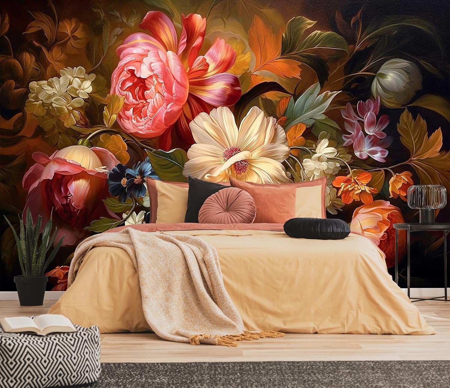 3D Wallpaper Illustration Beige Background Large White Abstract Gold Leaf Flower for Living Room Bedroom Backdrop Decoration（Non-self-Adhesive）