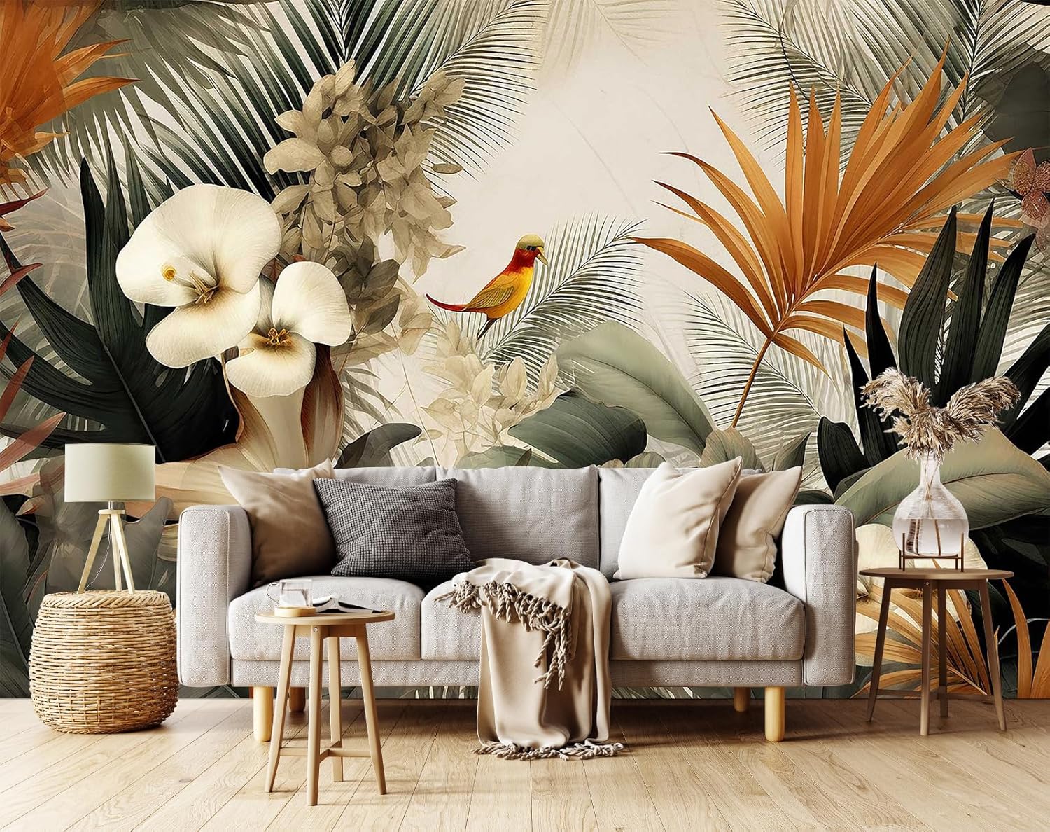 3D Wallpaper Illustration Beige Background Large White Abstract Gold Leaf Flower for Living Room Bedroom Backdrop Decoration（Non-self-Adhesive）