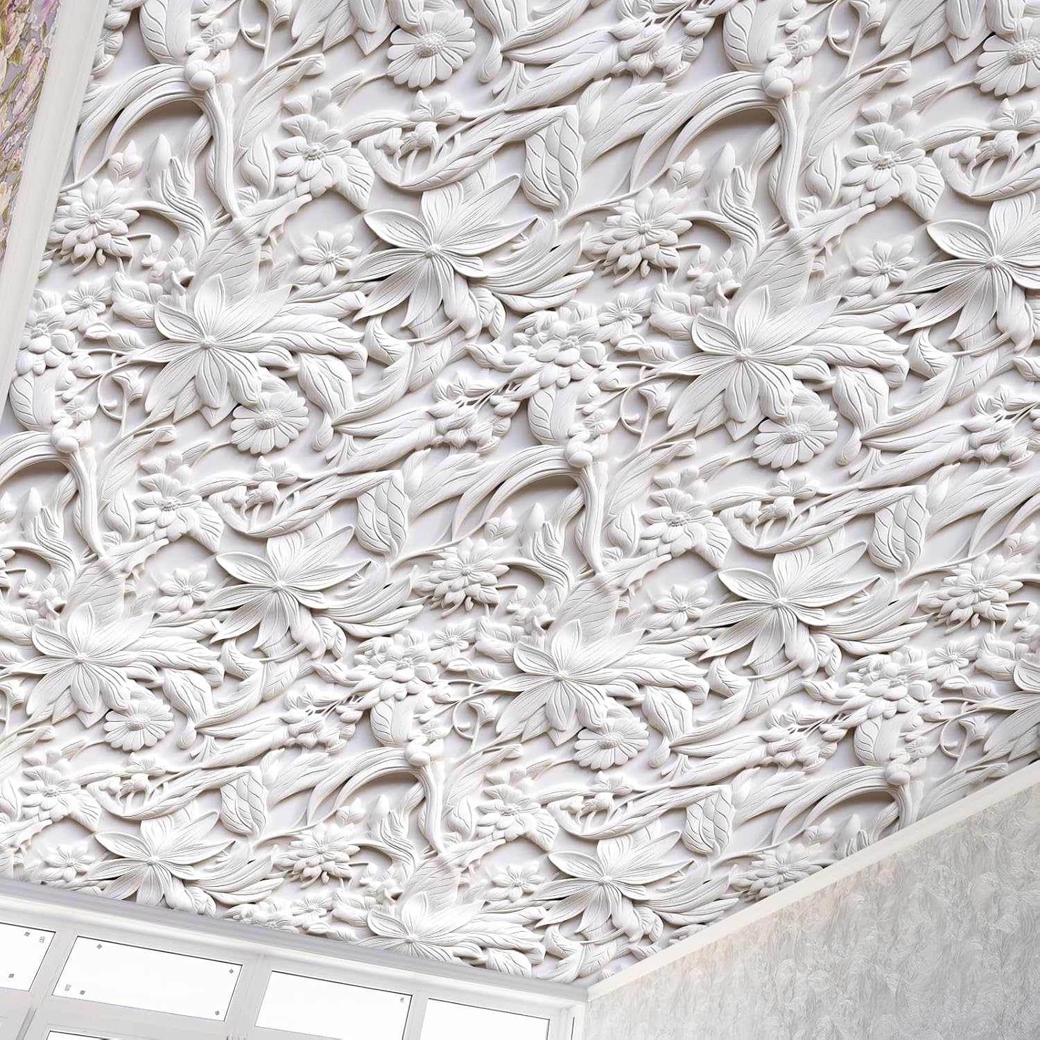 FunStick 17.5"x354" Grey White Wallpaper Peel and Stick Vintage Faux 3D Embossed Leaf Floral Peel and Stick Wallpaper White Contact Paper Removable Wall Paper for Bedroom Living Room Wall Panels Doors