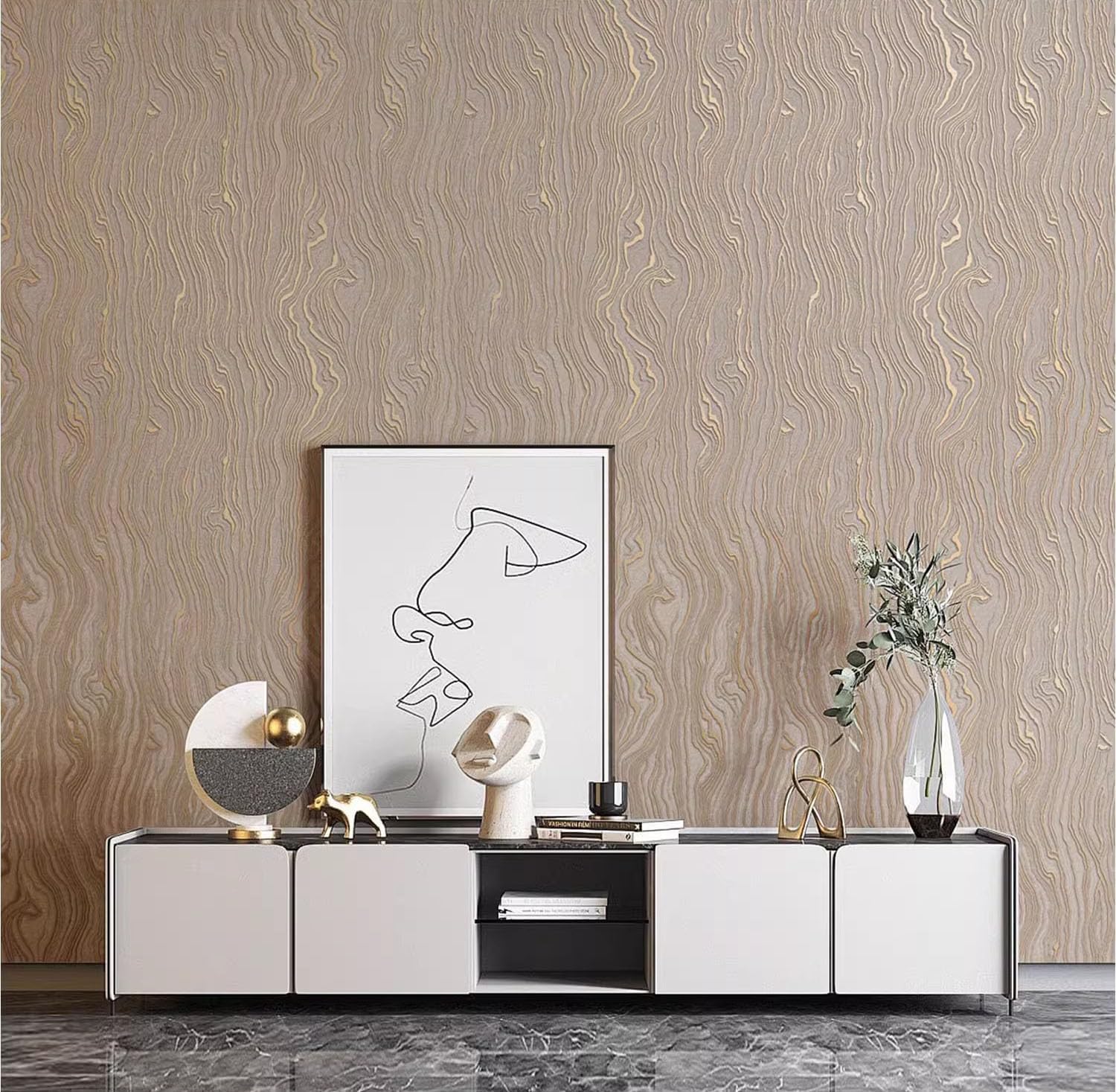 Gold Khaki Wood Peel and Stick Wallpaper Stripe, 20.8" x 118" (53cm x300cm), Removable, Self-Adhesive, 3D, Modern, Rustic, Industrial, Bathroom, Bedroom, Decorating