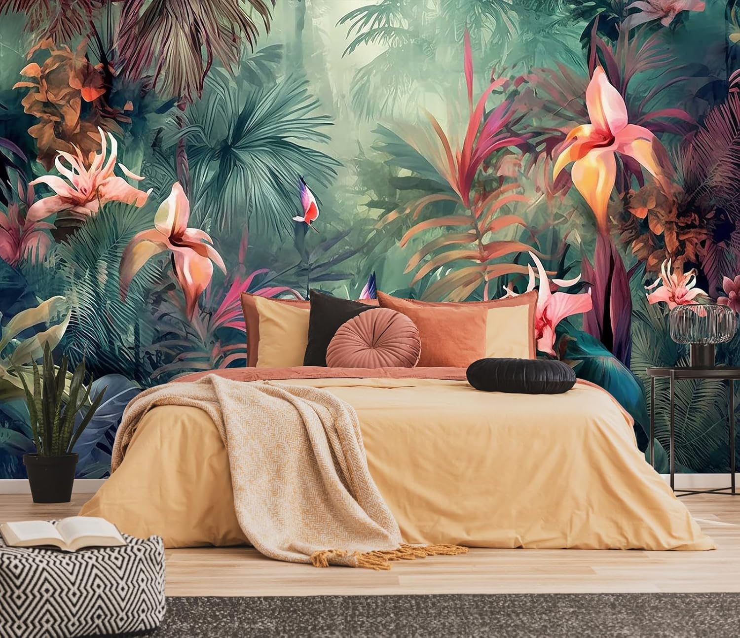 3D Wallpaper Illustration Beige Background Large White Abstract Gold Leaf Flower for Living Room Bedroom Backdrop Decoration（Non-self-Adhesive）