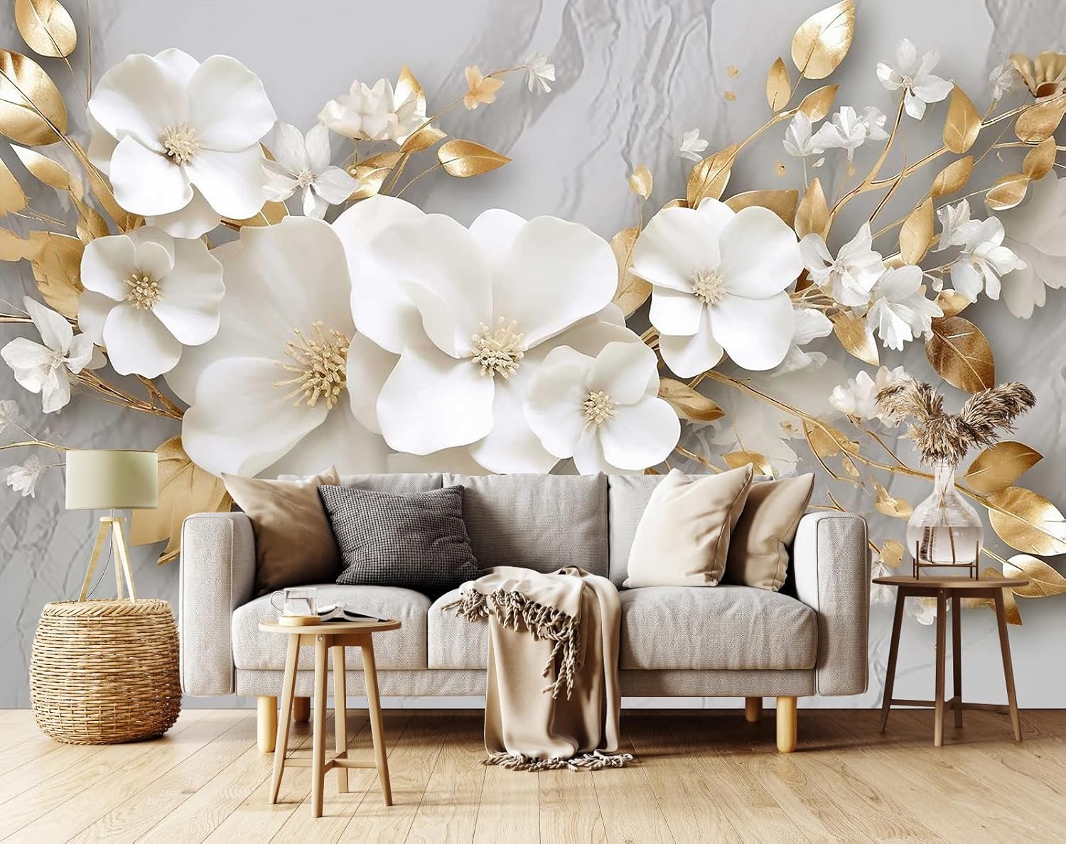 3D Wallpaper Illustration Beige Background Large White Abstract Gold Leaf Flower for Living Room Bedroom Backdrop Decoration（Non-self-Adhesive）