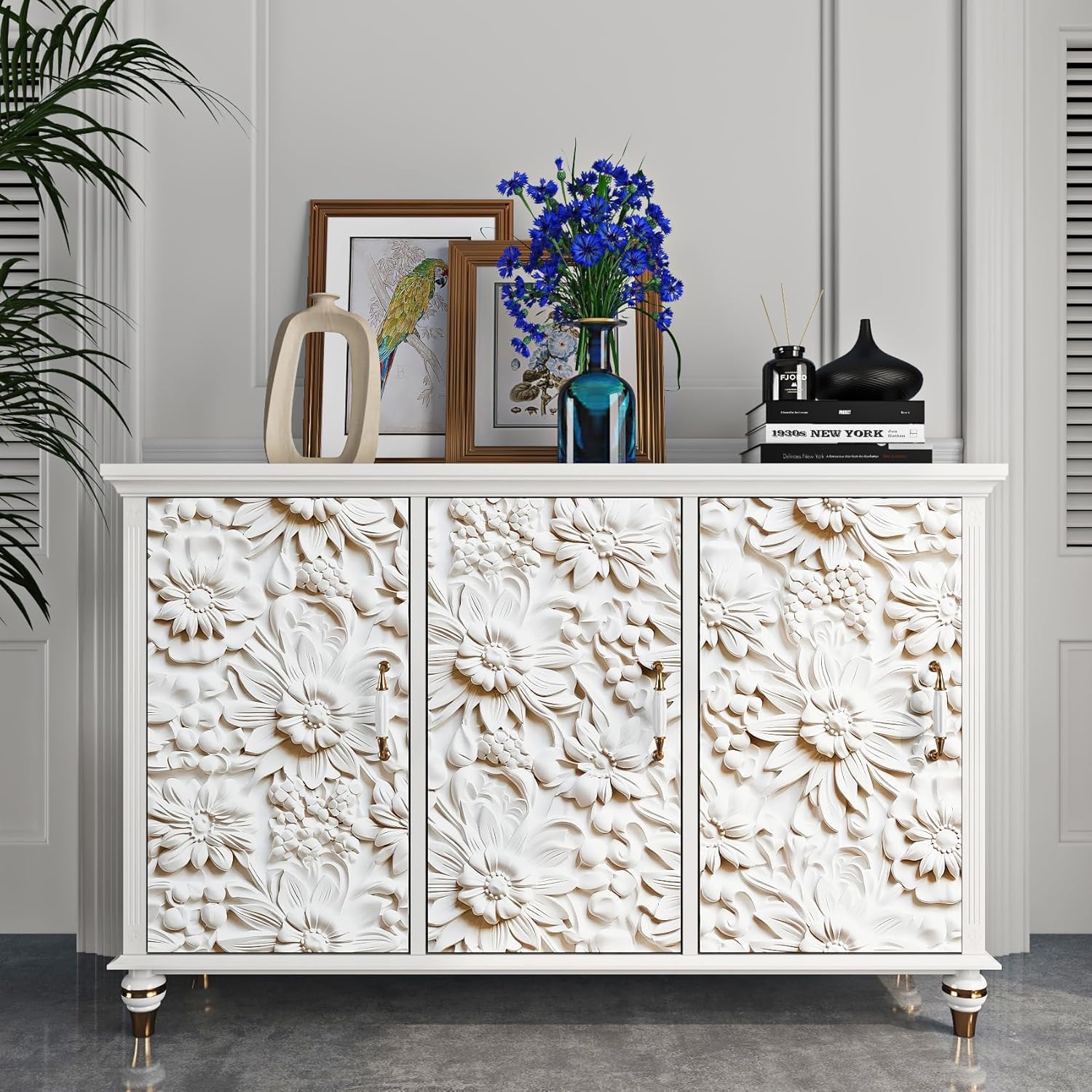 FunStick 17.5"x354" Cream White Peel and Stick Wallpaper Faux 3D Embossed Floral Wallpaper Self Adhesive Wallpapers for Bedroom Living Room Wall Panels White Floral Contact Paper for Walls Cabinets