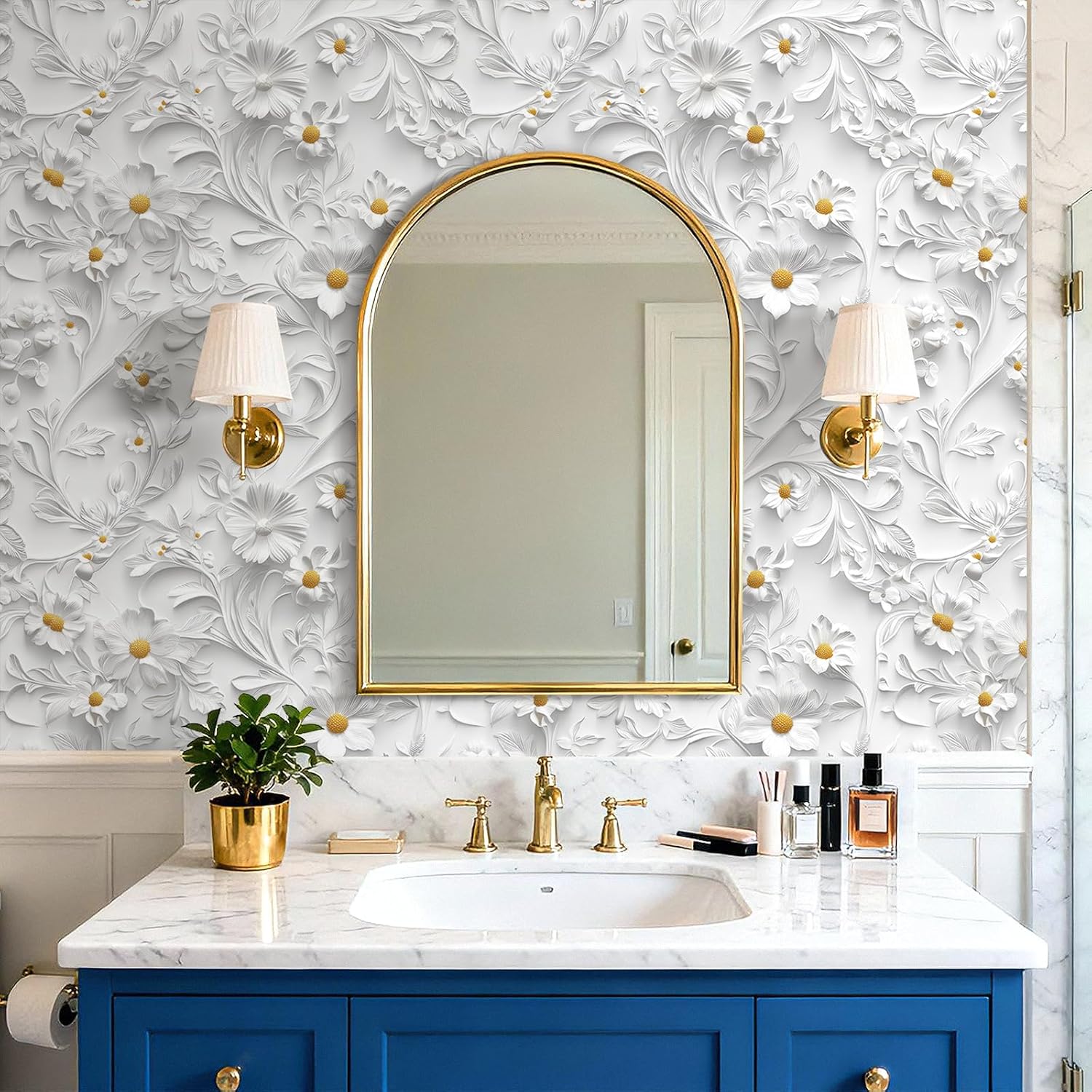 FunStick 17.5x354 White Faux 3D Floral Peel and Stick Wallpaper White Embossed Floral Contact Paper Peel and Stick Flower Wall Paper for Bedroom Living Room Walls Waterproof Renter Friendly Wallpaper