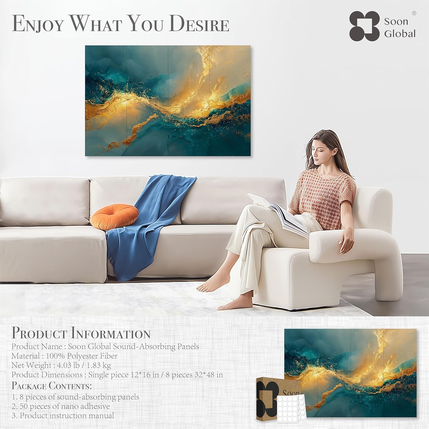 Acoustical Wall Panels, 48 X 32 Inches Art Acoustic Panels, Decorative Acoustic Panels, Acoustic Wall Panels, Sound Absorbing Wall Art, Oceanic Gleam