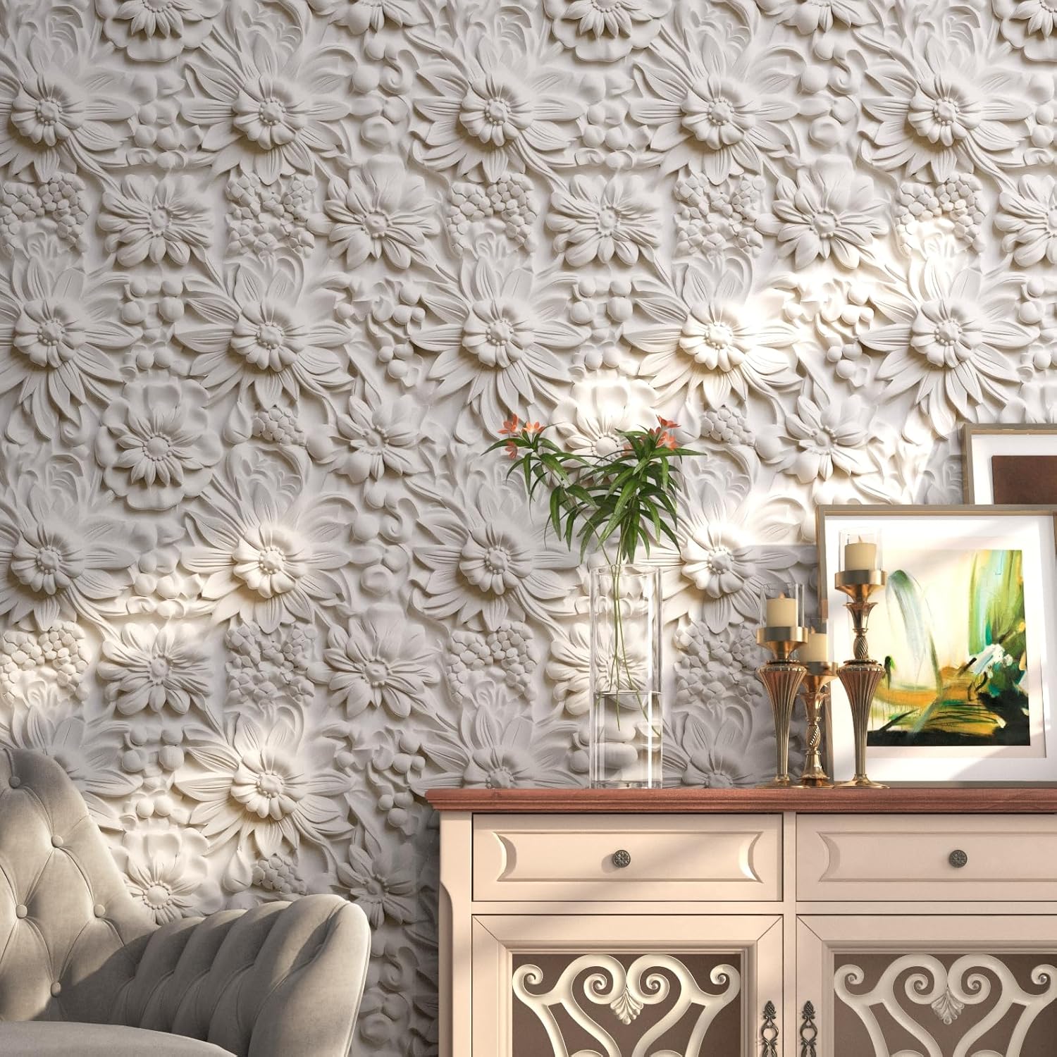 17.5"×317" Peel and Stick Wallpaper Floral Embossed Wallpaper for Bedroom Faux 3D Embossed Floral Wall Paper Mural Removable Self Adhesive Contact Paper for Countertops Living Room Bathroom