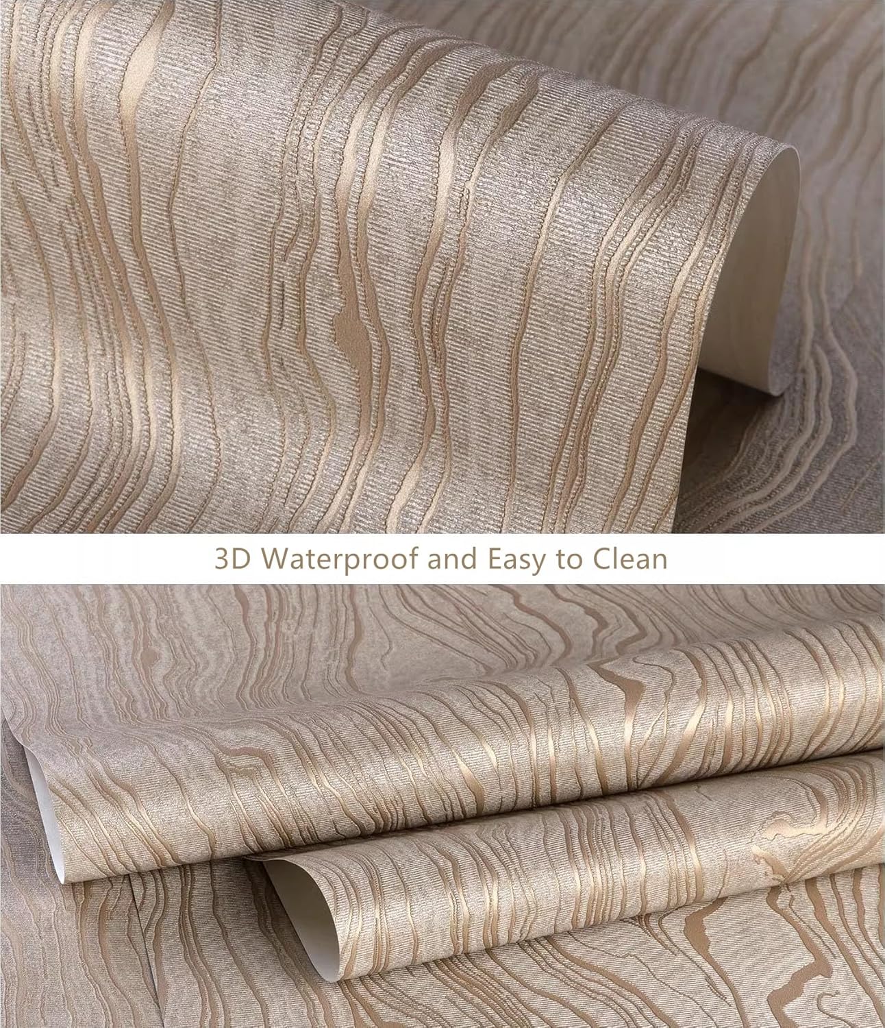 Gold Khaki Wood Peel and Stick Wallpaper Stripe, 20.8" x 118" (53cm x300cm), Removable, Self-Adhesive, 3D, Modern, Rustic, Industrial, Bathroom, Bedroom, Decorating